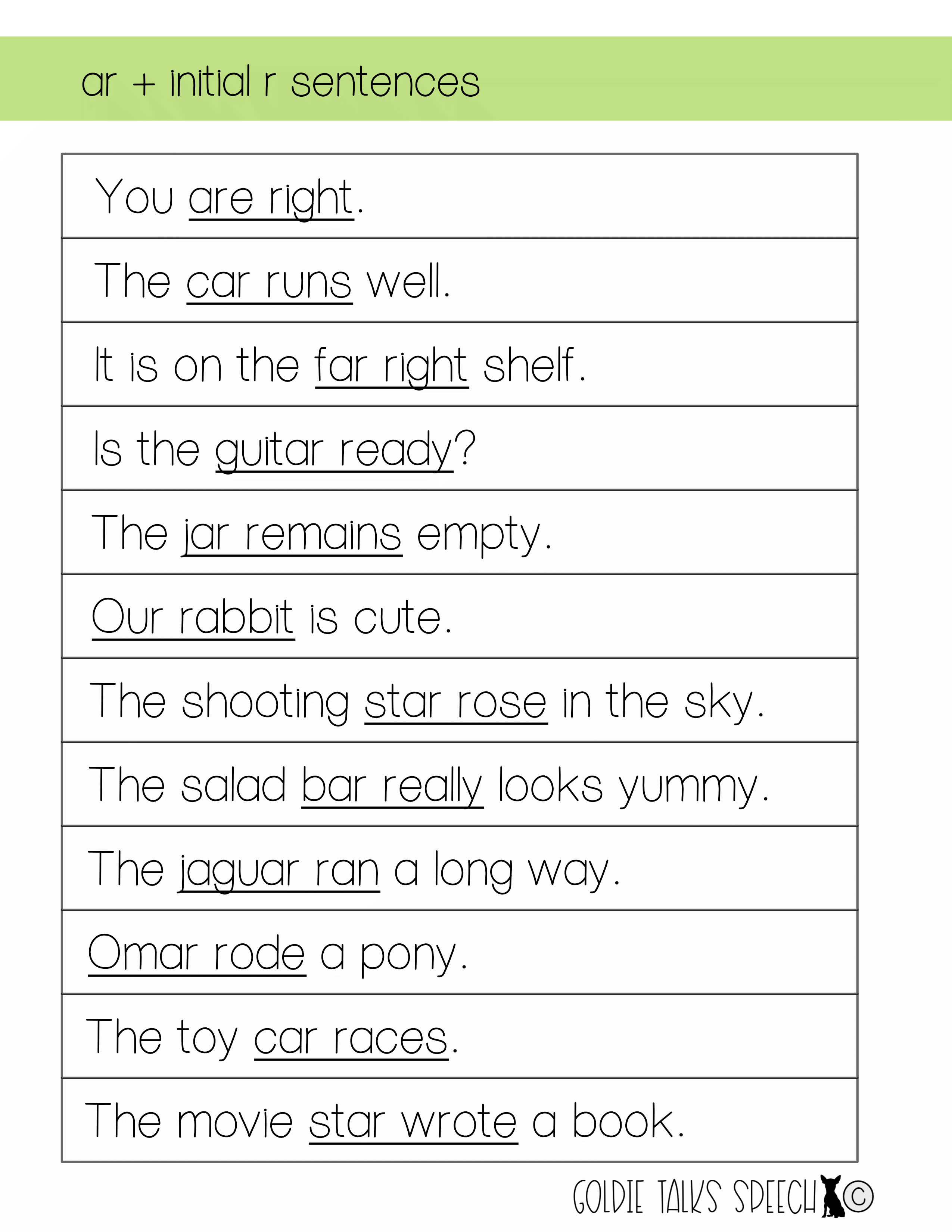 Vocalic R Coarticulation Sentences pdf by Goldie Talks Speech TrE