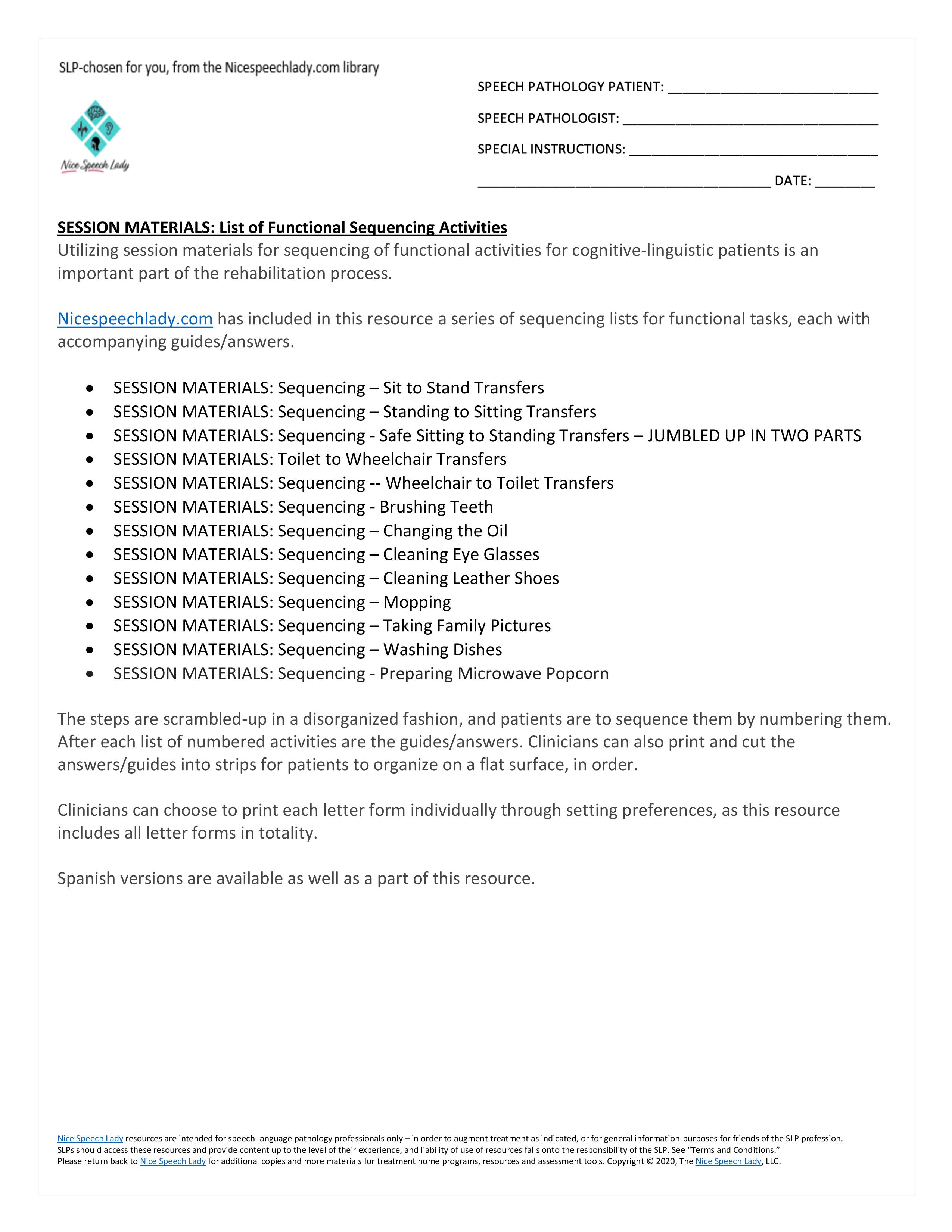 Nice Speech Lady SESSION MATERIALS List of Functional Sequencing